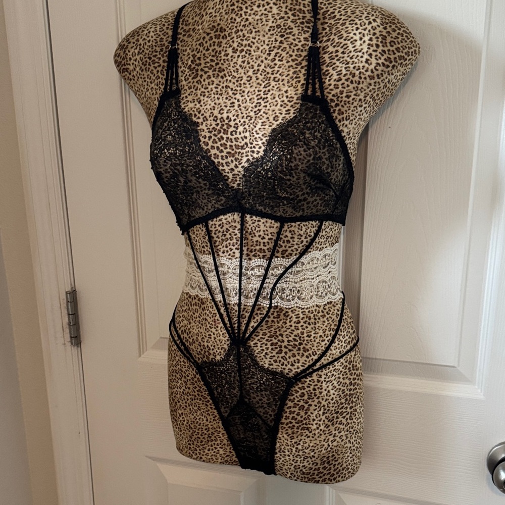 Victoria's Secret Black Lace Halter Strappy Bodysuit